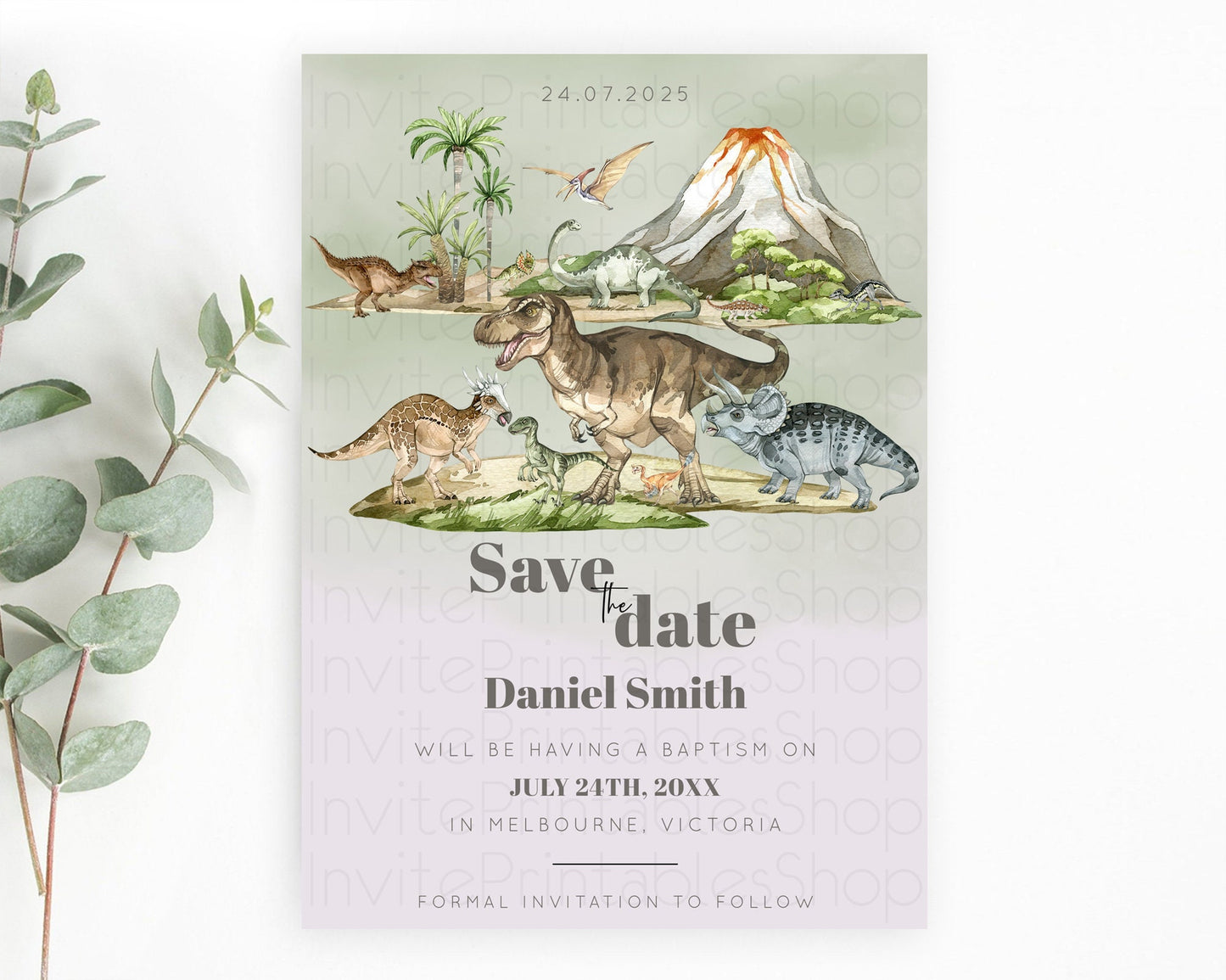 Dinosaur Save The Date Template Dinosaur Volcano Watercolor Volcano T-Rex Raptor Jurassic Party 1st Birthday Baptism Baby Shower D10671