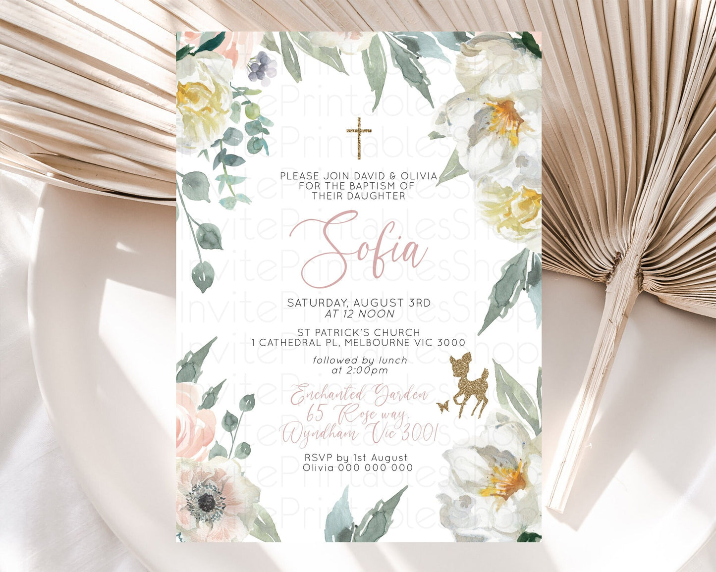 Fawn Baptism Invitation Deer Baptism 1st Birthday Invitation Enchanted Forest Christening Invitation Pastel Garden Butterfly Floral D10120