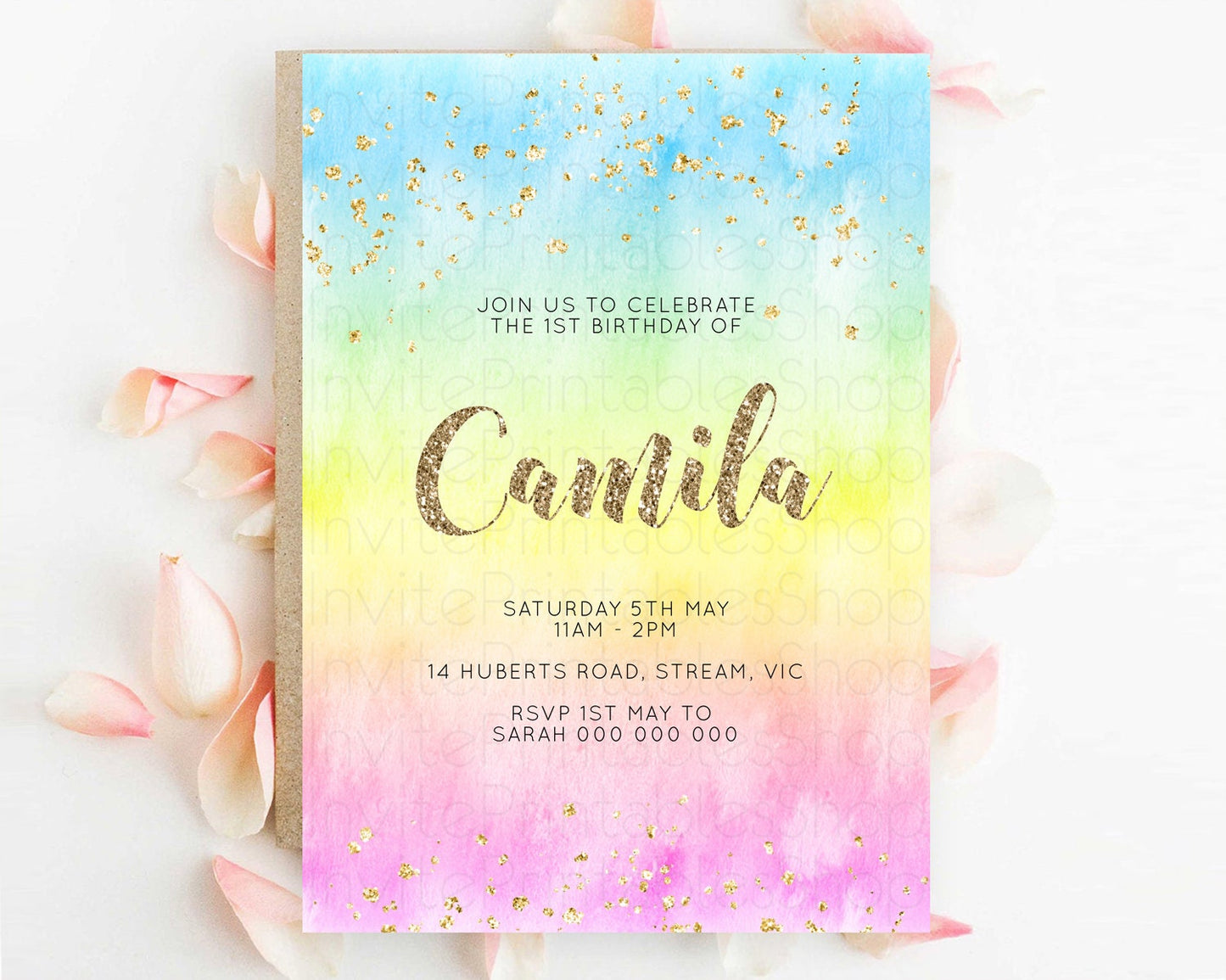 Rainbow Birthday Invitation Colorful Pastel Watercolor Invitation Gold Glitter Sprinkles Ombre Pastel 1st 2nd 3rd Birthday D10479