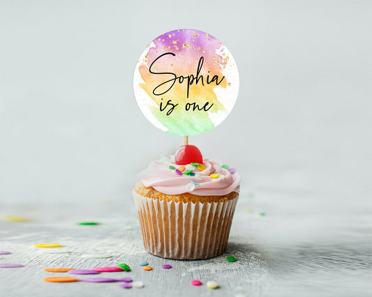 Editable Rainbow Cupcake Toppers Pastel Cupcake Toppers Colorful Pastel Wate