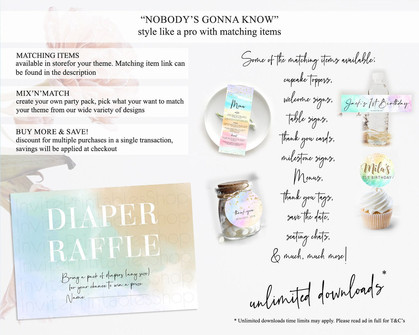 Pastel Diaper Raffle Card Pastel Rainbow Diaper Raffle Insert Colorful Ombre Watercolor Diaper Ticket Confetti Glitter Raffle Game D10370