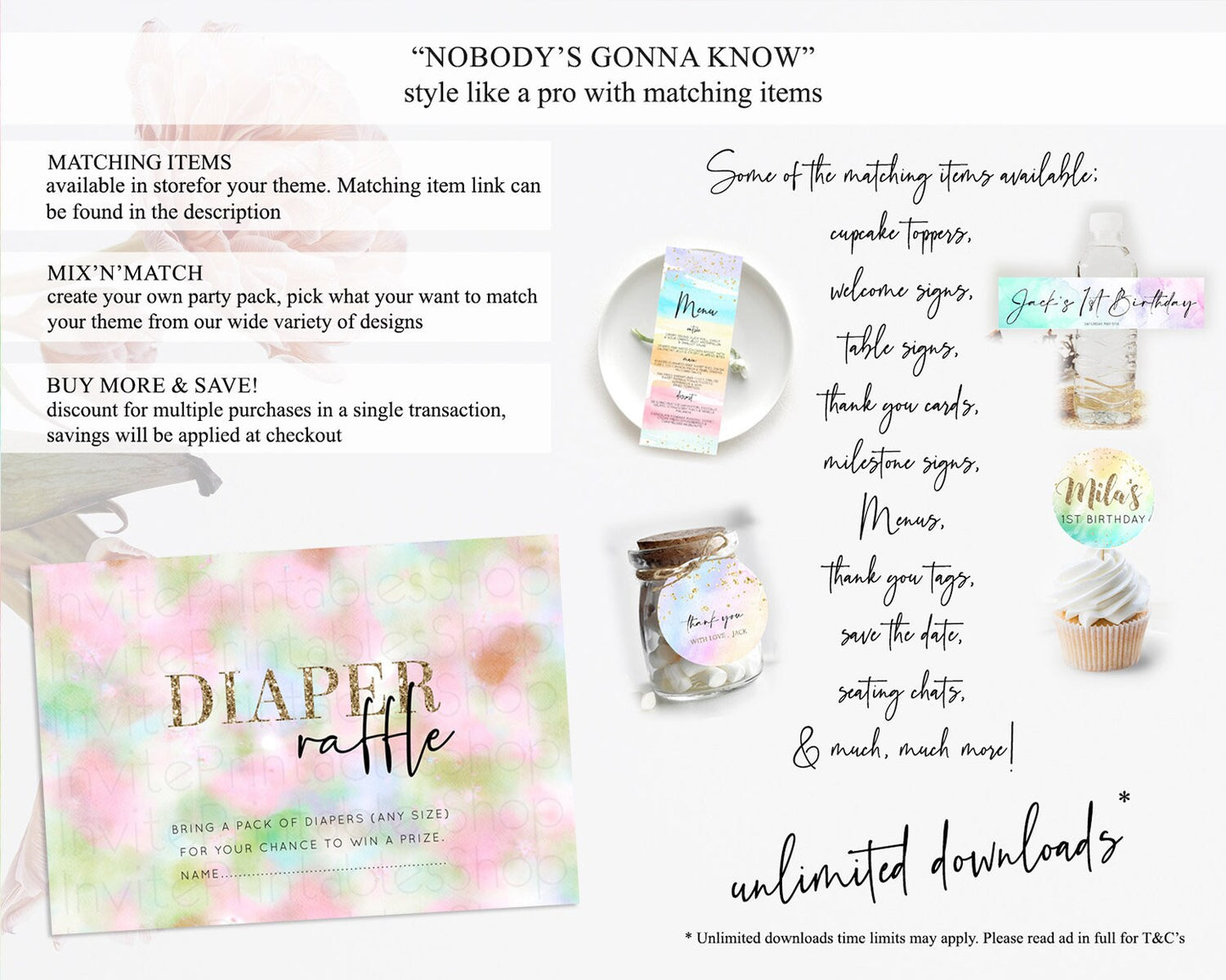 Pastel Diaper Raffle Card Pastel Rainbow Diaper Raffle Insert Colorful Ombre Watercolor Diaper Ticket Confetti Glitter Raffle Game D10698