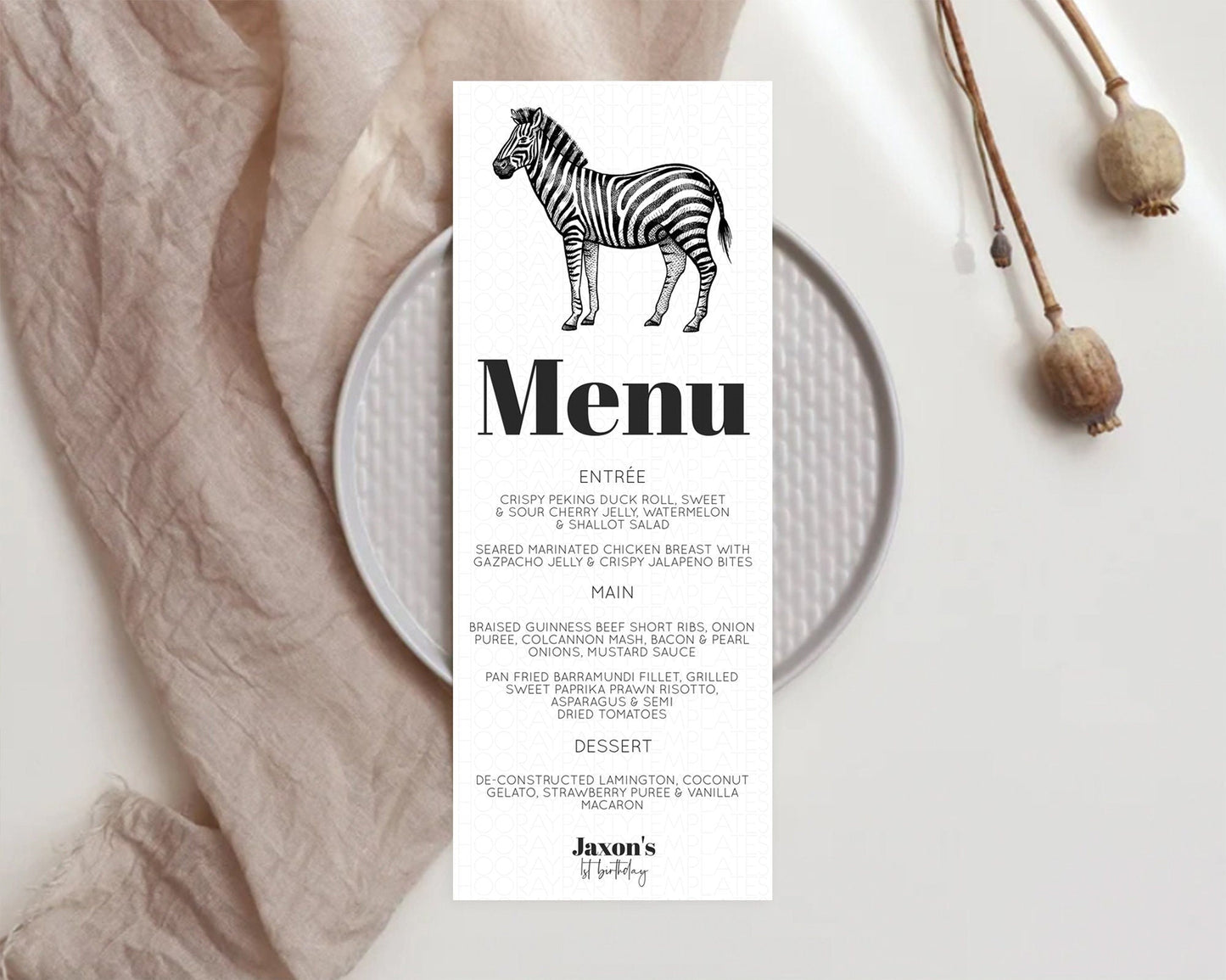 Zebra Menu Zebra Menu Template Zebra Party Table Decor Safari Adventure Decor Zebra Dinner Dessert Menu Party Food Menu D10249