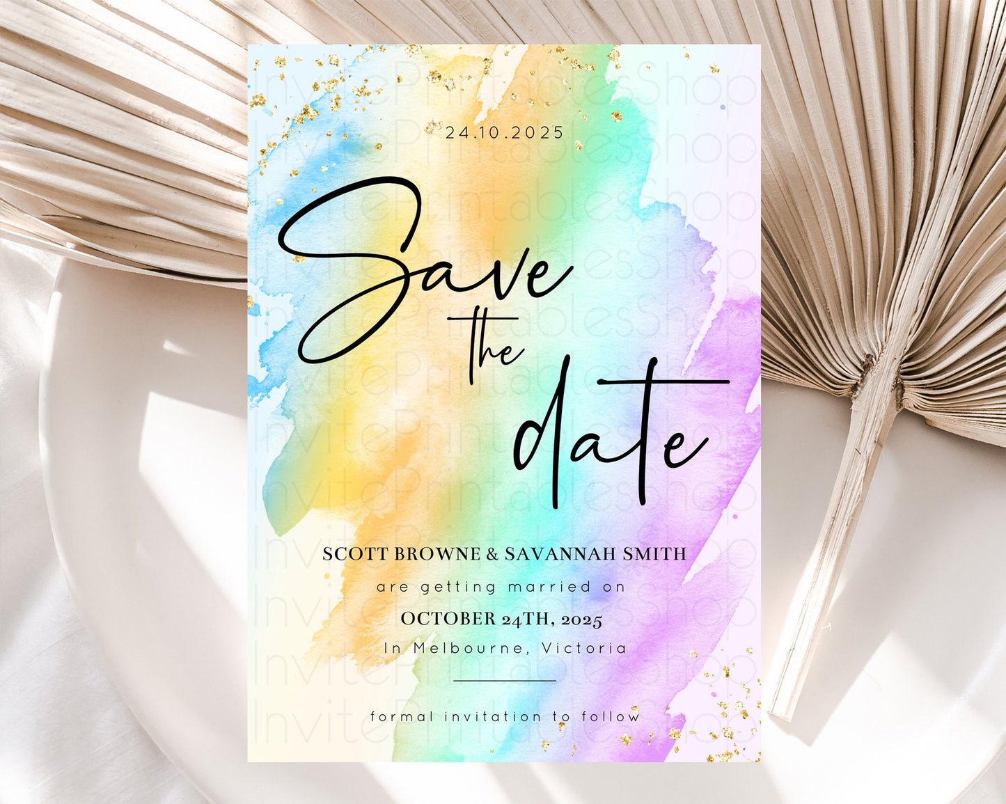 Pastel Save The Date Template Pastel Ombre Rainbow Watercolor Colorful Party For Birthday Baptism Baby Shower Wedding Bridal Shower D10427