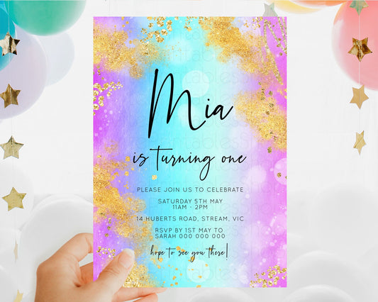 Rainbow Birthday Invitation Colorful Pastel Watercolor Invitation Gold Glitter Sprinkles Ombre Pastel 1st 2nd 3rd Birthday D10564