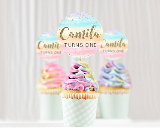Editable Rainbow Cupcake Toppers Pastel Cupcake Toppers Colorful Pastel Wate