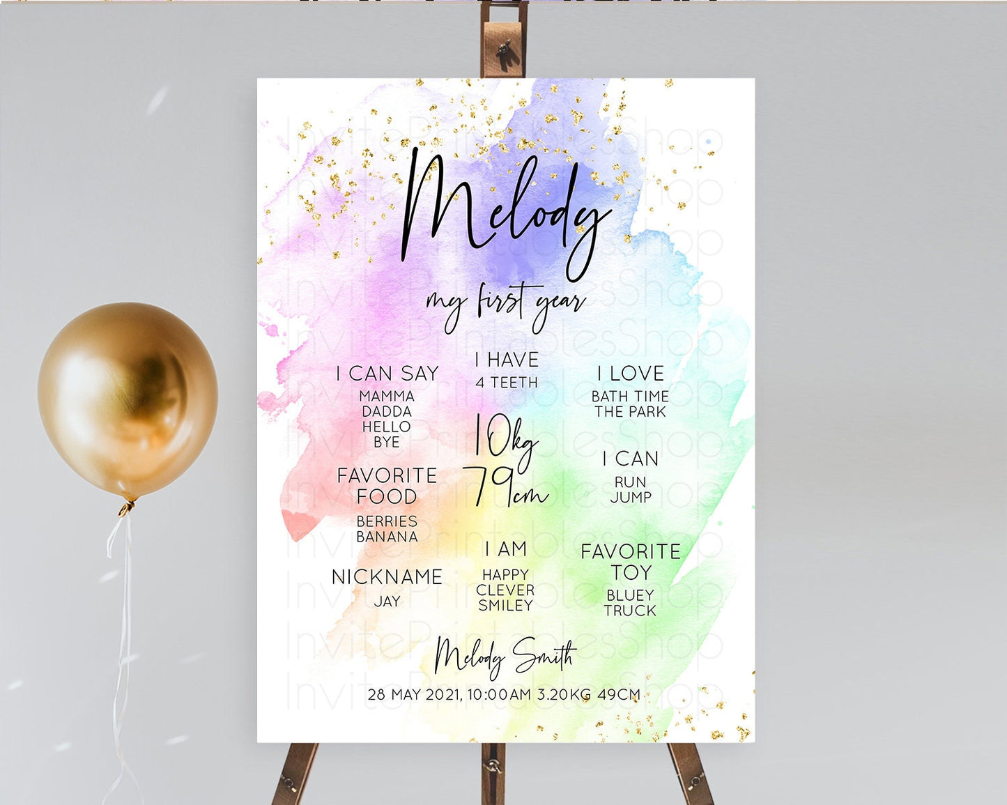 Pastel First Birthday Milestone Board Pastel Rainbow Milestone Poster Colorful Confetti Watercolor Glitter 1st Birthday Welcome Sign D10316