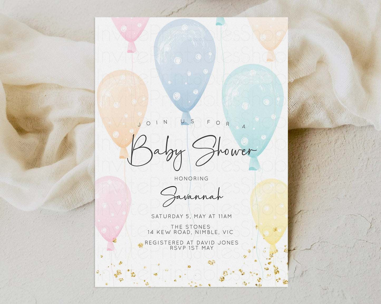 Balloon Baby Shower Invitation Rainbow Pastel Colorful Glitter Sprinkles Confetti Gender Neutral Pink Blue Green Yellow Editable Invite 154