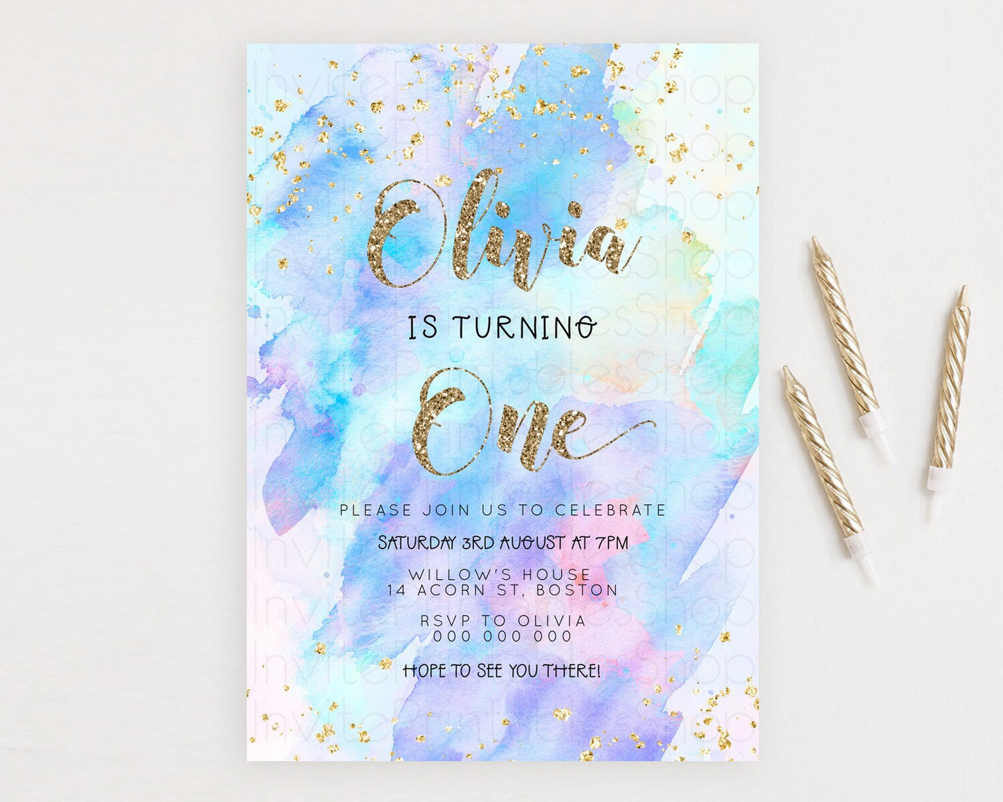 Rainbow Birthday Invitation Colorful Pastel Watercolor Invitation Gold Glitter Sprinkles Ombre Pastel 1st 2nd 3rd Birthday D23292