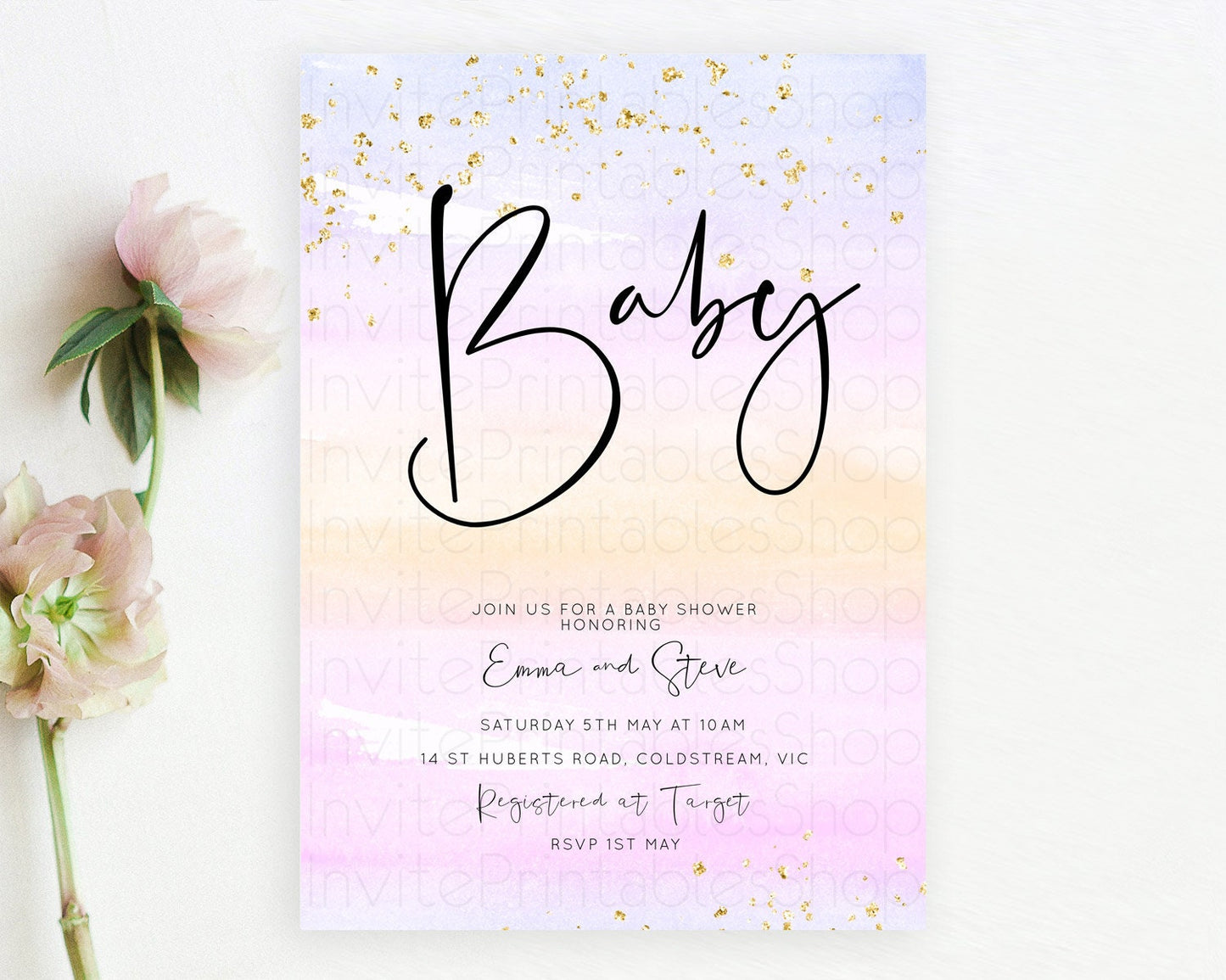 Pastel Baby Shower Invitation Rainbow Baby Shower Invitation Colorful Pastel Watercolor Invitation Gold Glitter Sprinkles Ombre D10594