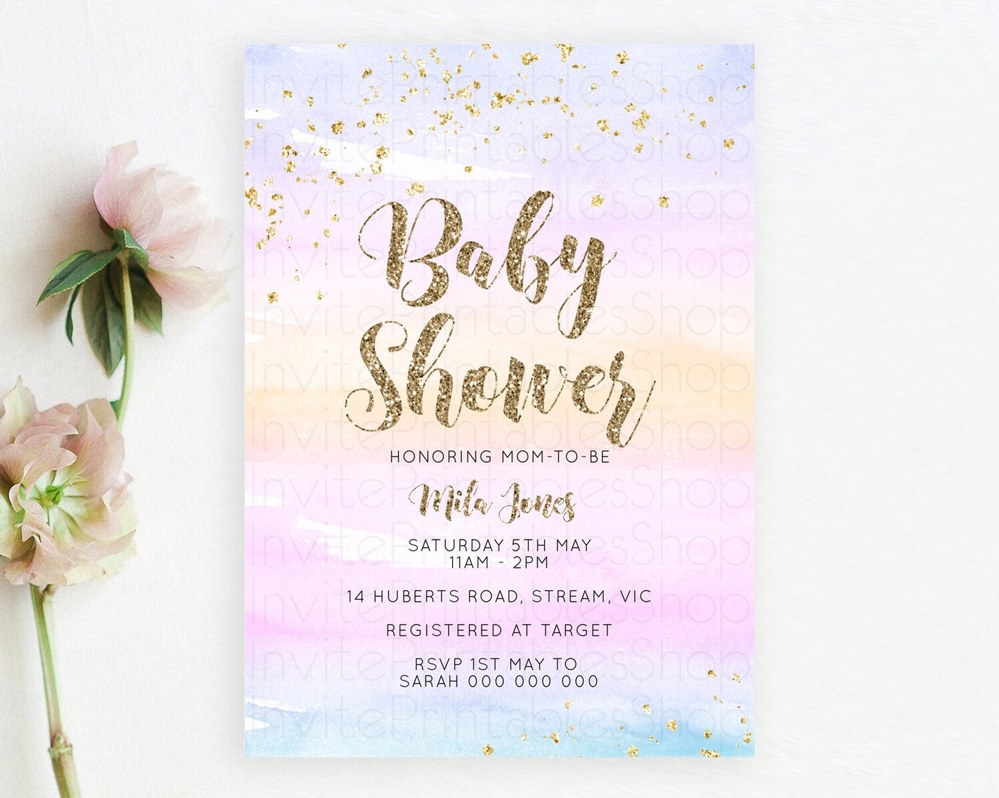 Pastel Baby Shower Invitation Rainbow Baby Shower Invitation Colorful Pastel Watercolor Invitation Gold Glitter Sprinkles Ombre D10595