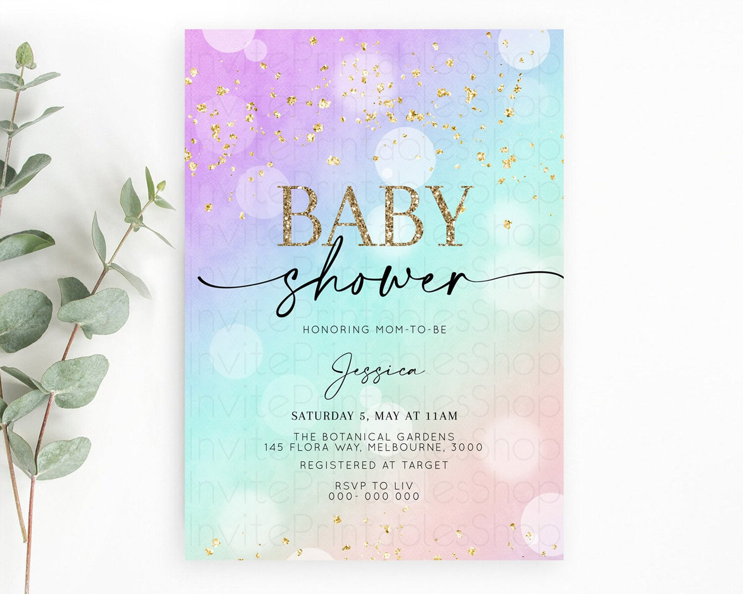 Pastel Baby Shower Invitation Rainbow Baby Shower Invitation Colorful Pastel Watercolor Invitation Gold Glitter Sprinkles Ombre D10618