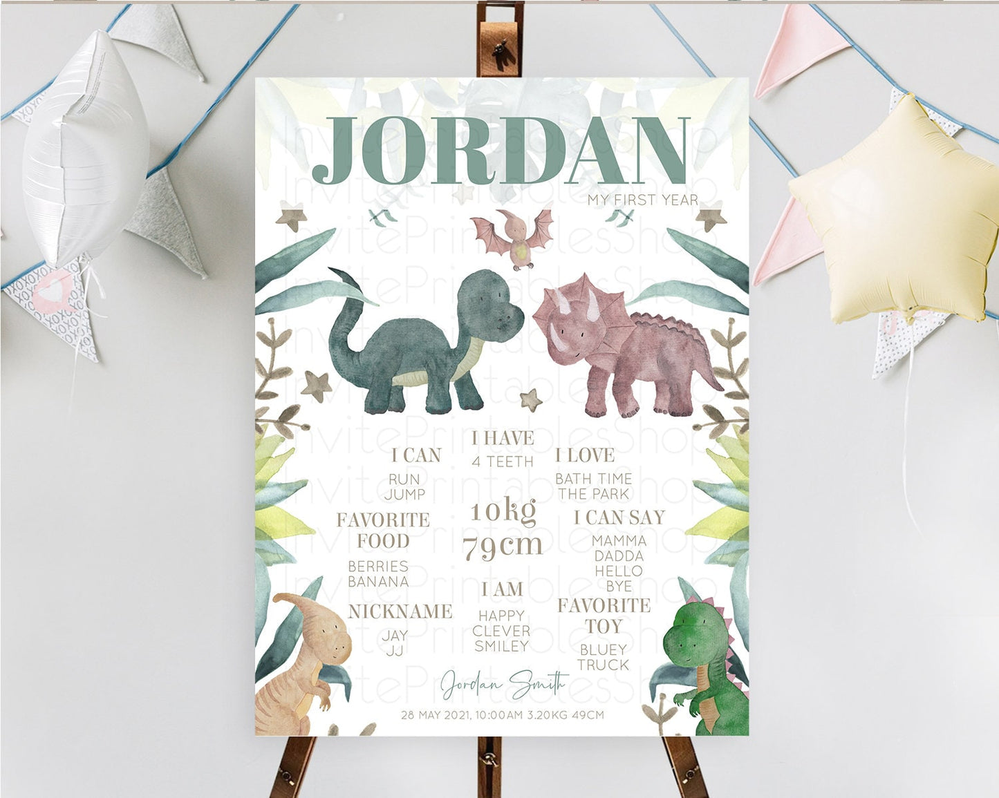 Dinosaur First Birthday Milestone Board Dinosaur Volcano Milestone Poster Watercolor Volcano T-Rex Raptor Jurassic 1st Birthday Sign D10597