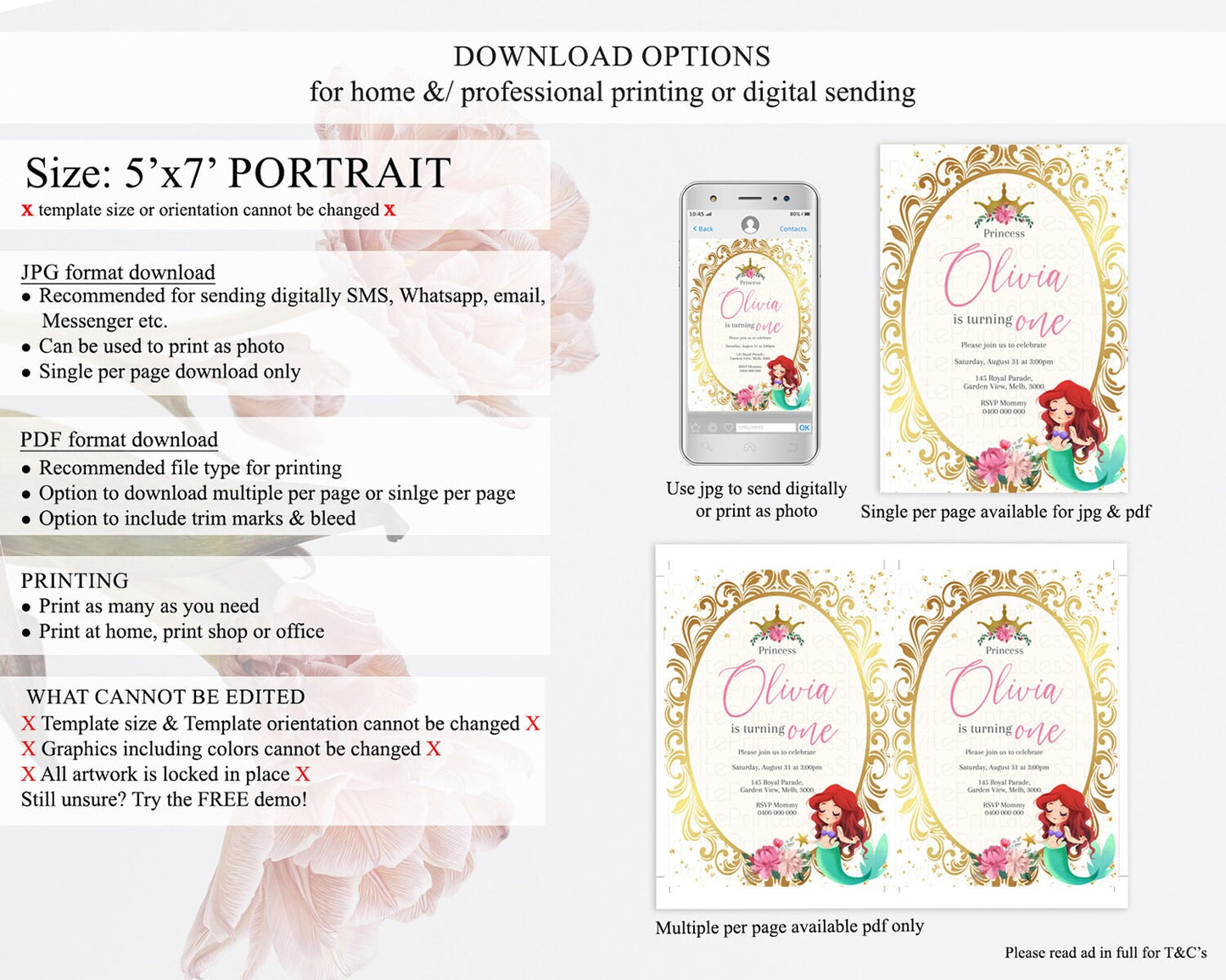 Princess Birthday Invitation Castle Invitation Royal Birthday Fairy Tale Enchanted Mirror Pastel Floral Garden 1st First Birthday D10746