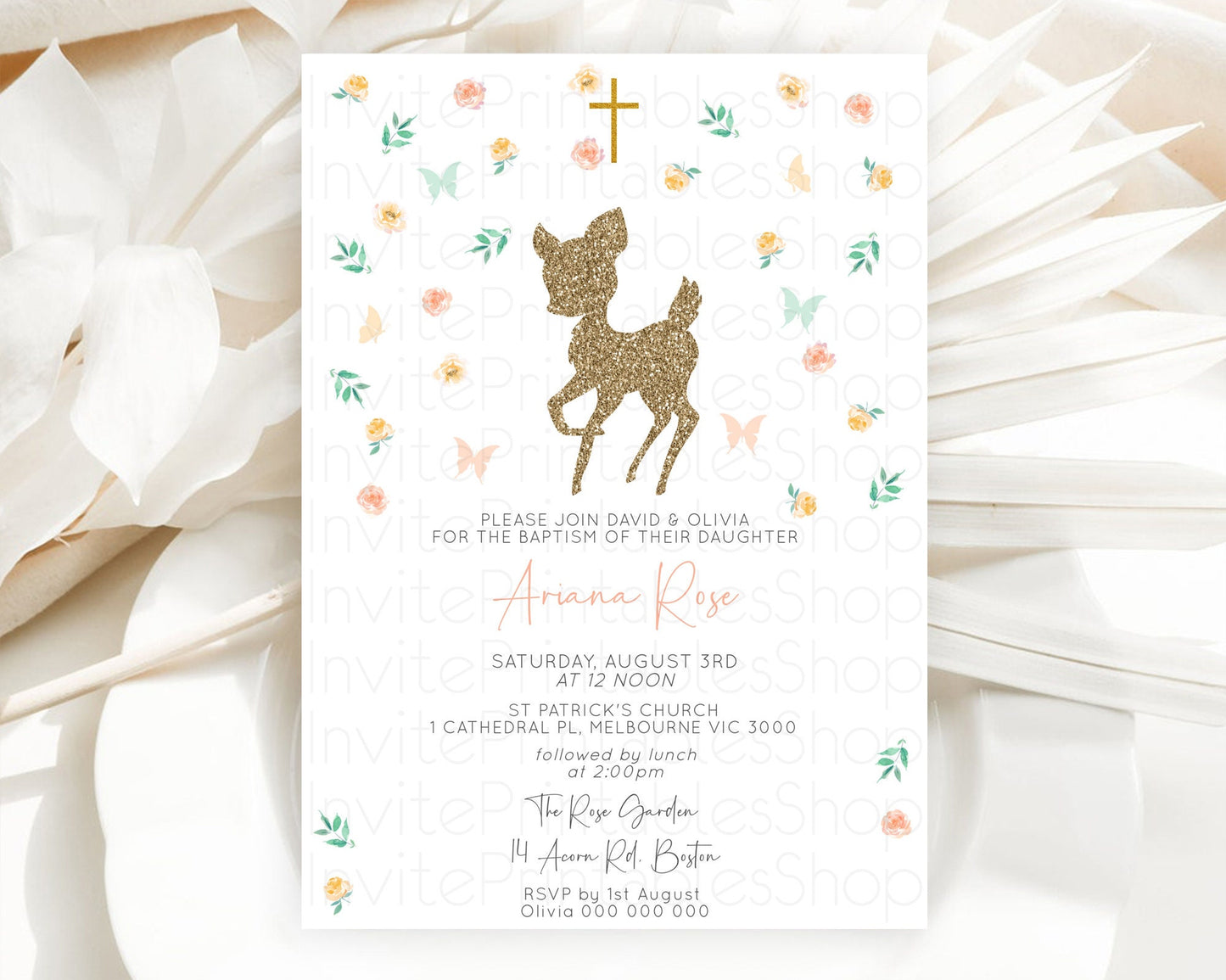 Fawn Baptism Invitation Deer Baptism 1st Birthday Invitation Enchanted Forest Christening Invitation Pastel Garden Butterfly Floral D10355