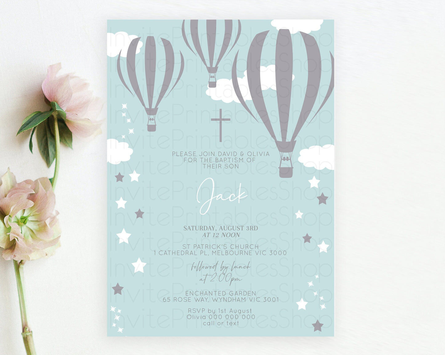 Hot Air Balloon Baptism Invitation Hot Air Balloon Baptism Birthday Invitation Adventure Awaits Up Up Away Glitter Blue Watercolor D10324