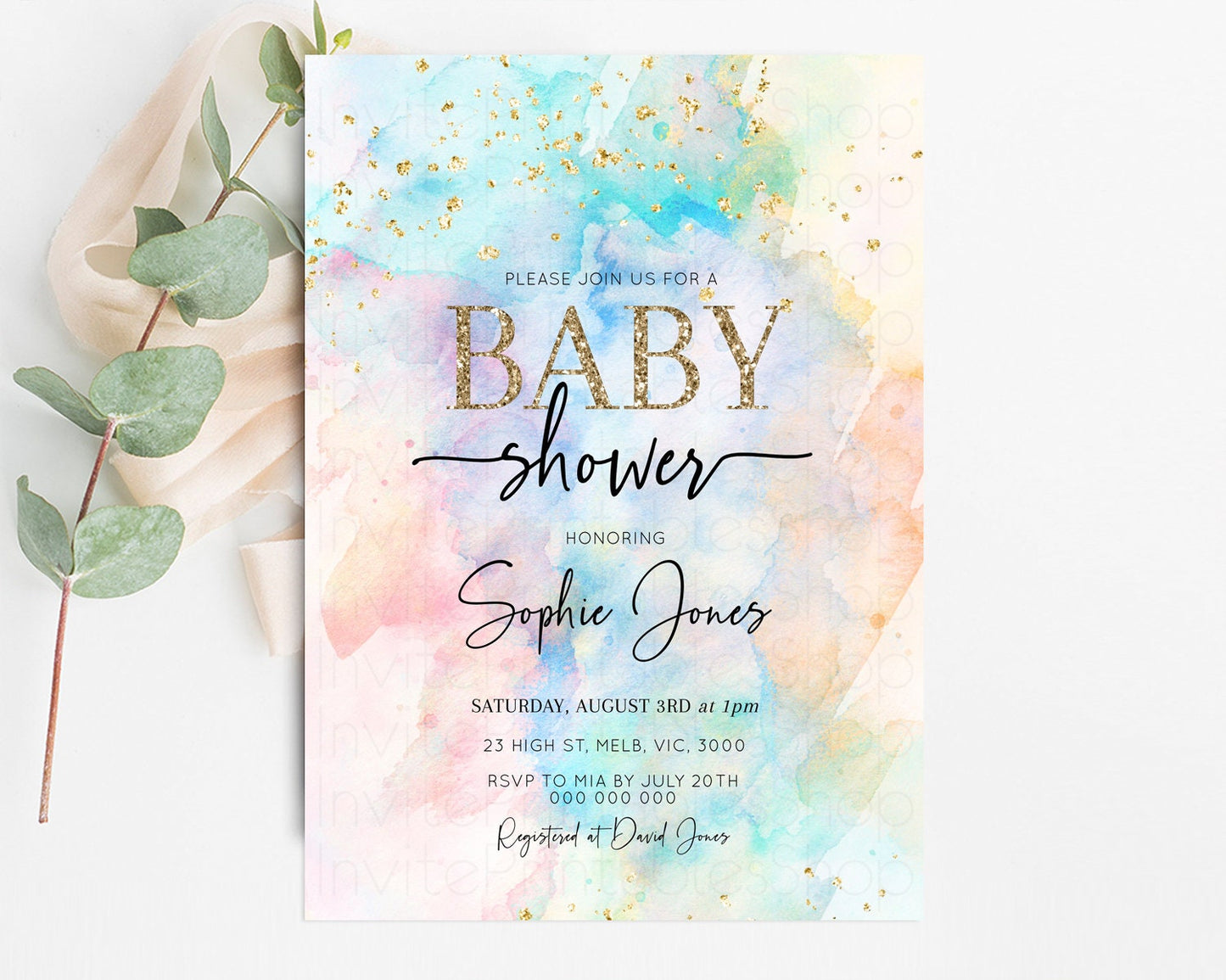 Rainbow Baby Shower Invitation Pastel Baby Sower Invitation Colorful Splash Invite Sprinkle Confetti Watercolor Ombre Baby Shower 276v3