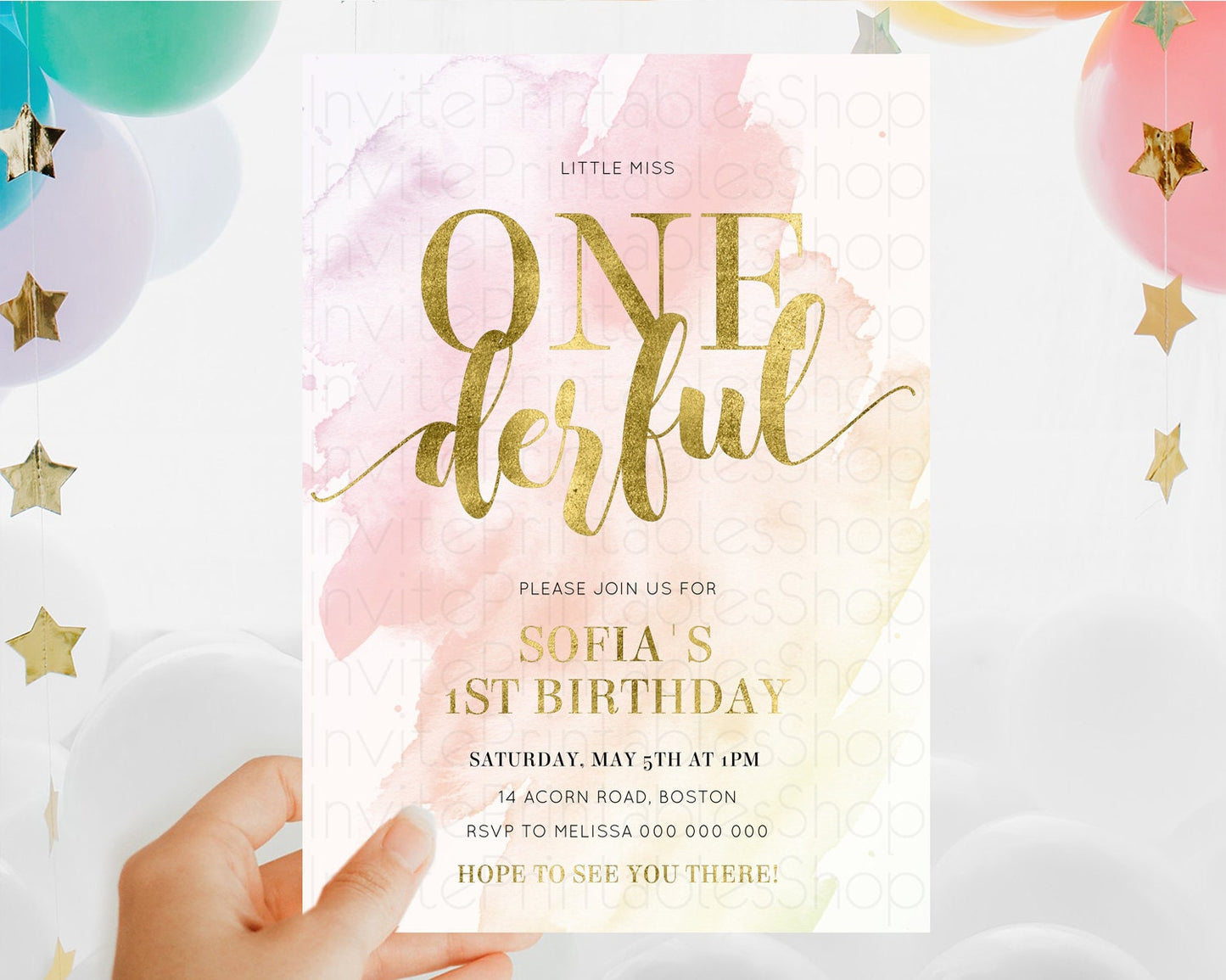 ONEderful Rainbow Birthday Invitation Colorful Pastel Watercolor Invitation Gold Glitter Sprinkles Ombre Pastel 1st Birthday D11025