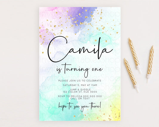 Editable Rainbow Birthday Invitation Colorful Pastel Watercolor Invitation G