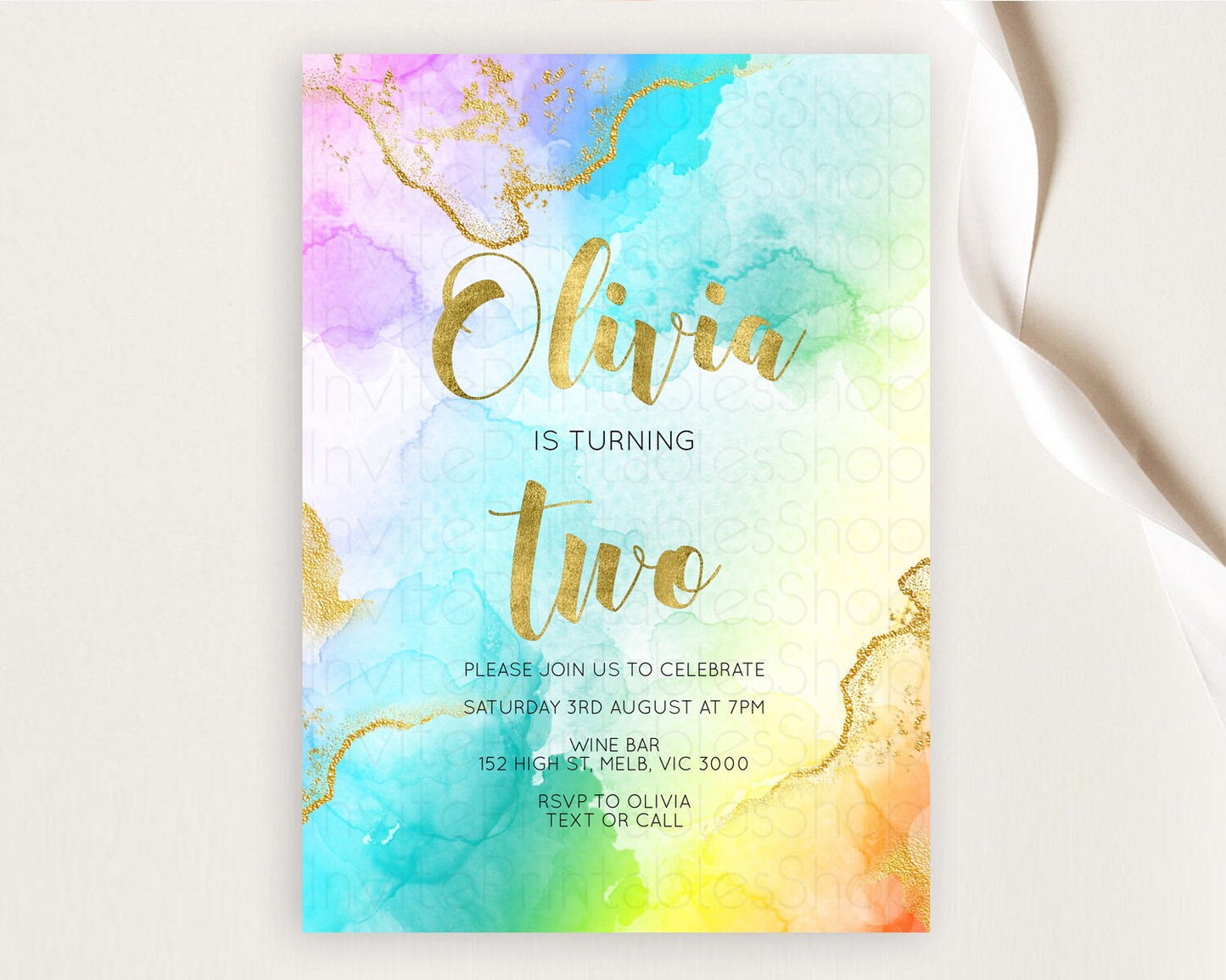 Rainbow Birthday Invitation Colorful Pastel Watercolor Invitation Gold Glitter Sprinkles Ombre Pastel 1st 2nd 3rd Birthday D10392