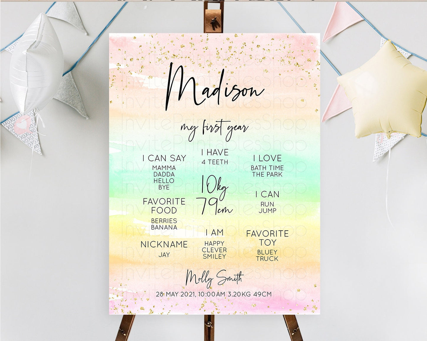 Pastel First Birthday Milestone Board Pastel Rainbow Milestone Poster Colorful Confetti Watercolor Glitter 1st Birthday Welcome Sign D10591