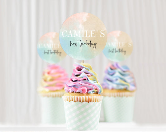 Editable Rainbow Cupcake Toppers Pastel Cupcake Toppers Colorful Pastel Wate