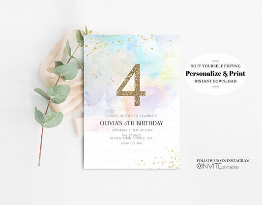 Watercolor Birthday Invitation Colorful Pastel Rainbow Splash Ombre Ink Paint Purple Blue Yellow Glitter Age Number Modern Custom 136