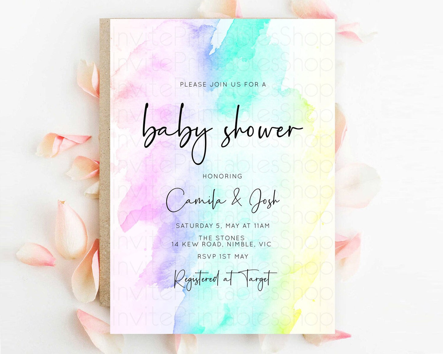 Pastel Baby Shower Invitation Rainbow Baby Shower Invitation Colorful Pastel Watercolor Invitation Gold Glitter Sprinkles Ombre D10231