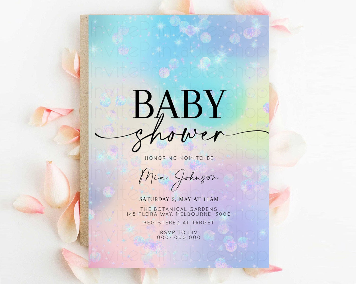 Pastel Rainbow Baby Shower Invitation, Pastel Watercolor with Iridescent Confetti Sprinkles - Colorful Invite Blue, Purple, Yellow D10665