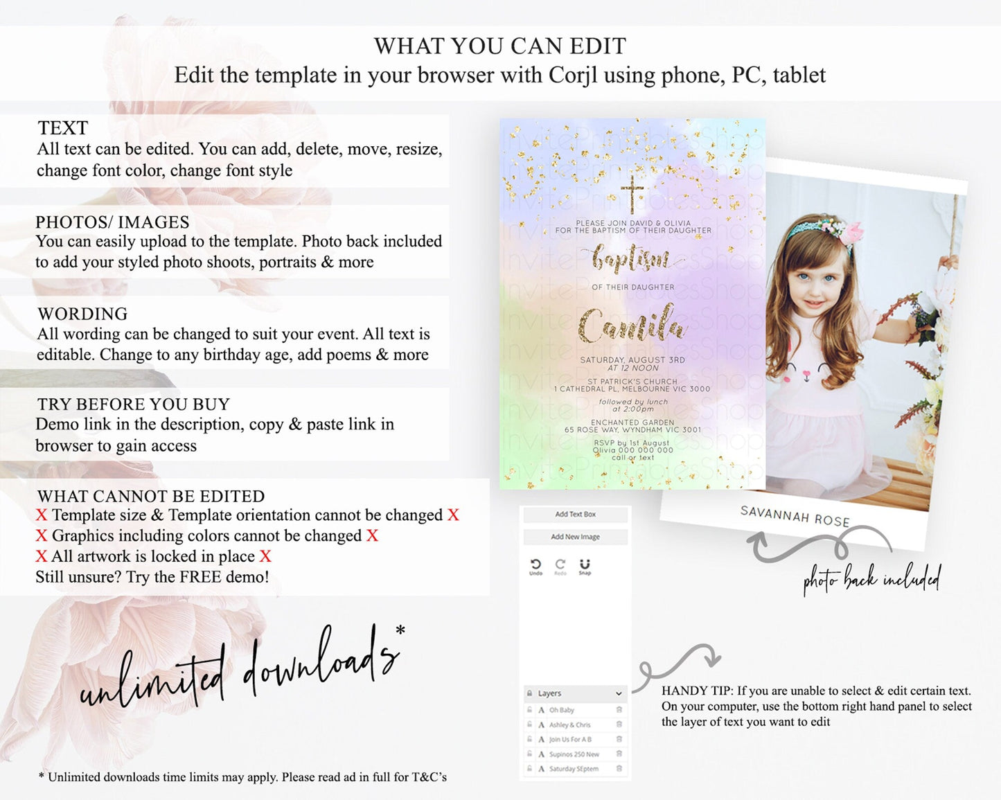 Pastel Baptism Invitation Pastel Colors Watercolor Baptism 1st Birthday Party Gold Ombre Pastel Rainbow Christening Holy Communion D10372