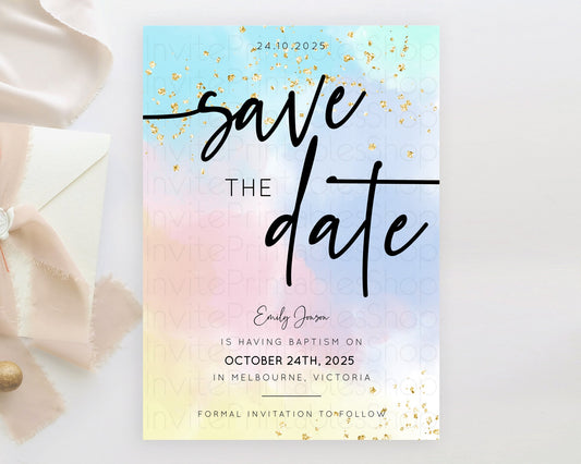 Pastel Save The Date Template Pastel Ombre Rainbow Watercolor Colorful Party For Birthday Baptism Baby Shower Wedding Bridal Shower D10368