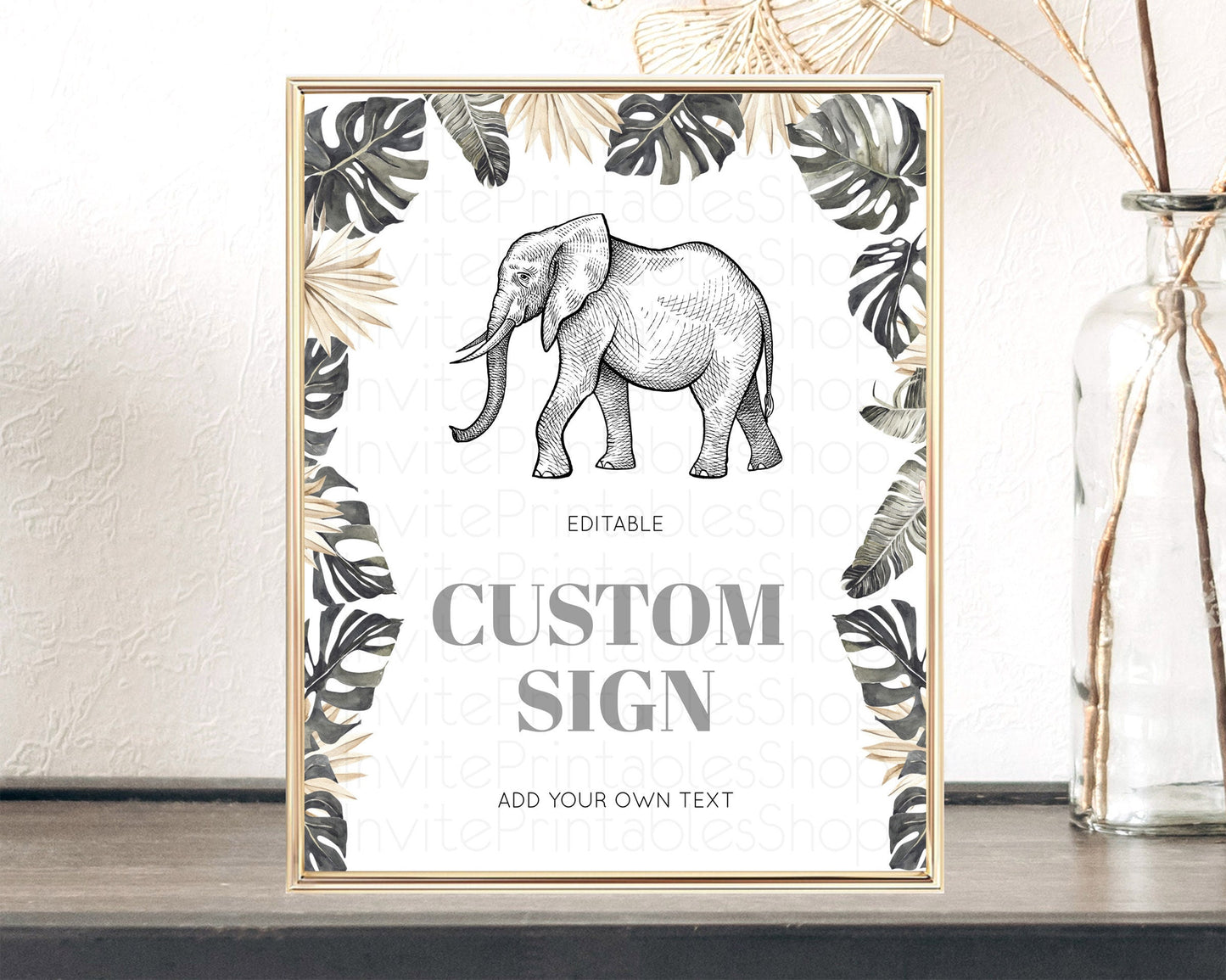 Elephant Sign Elephant Safari Adventure Party Table Sign Decor Dried Palm Fern Zoo 1st Birthday Baptism Baby Shower Bridal Shower D10806