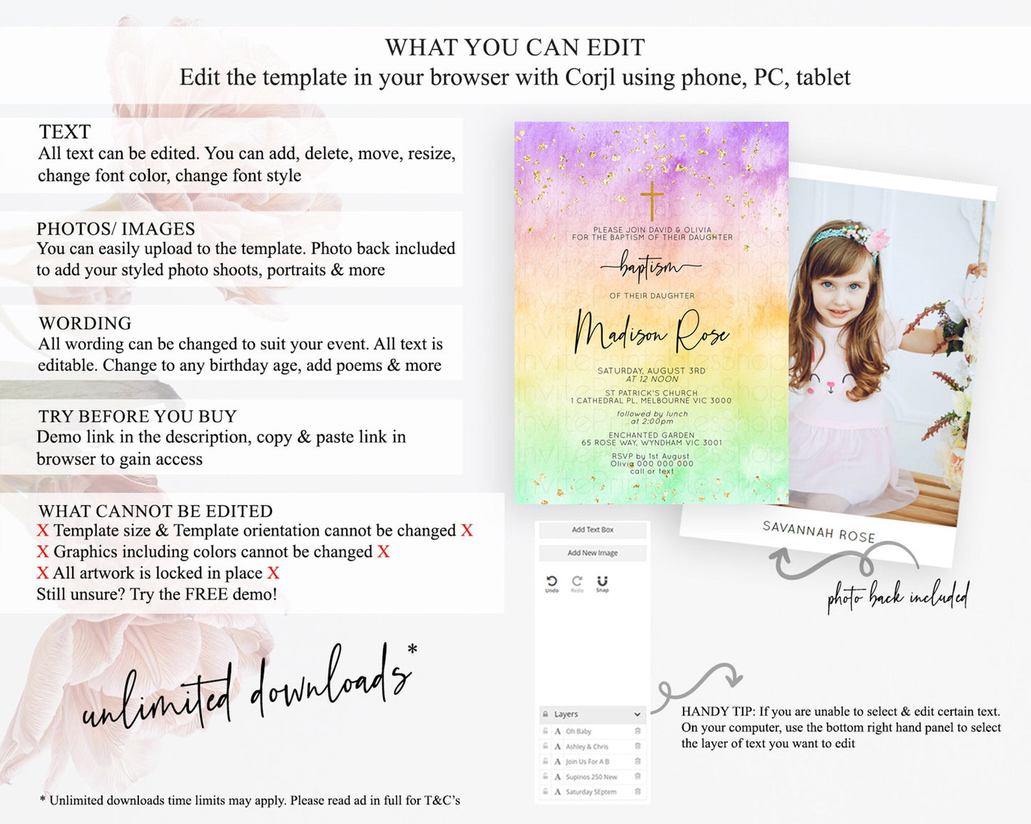 Pastel Baptism Invitation Pastel Colors Watercolor Baptism 1st Birthday Party Gold Ombre Pastel Rainbow Christening Holy Communion D10514