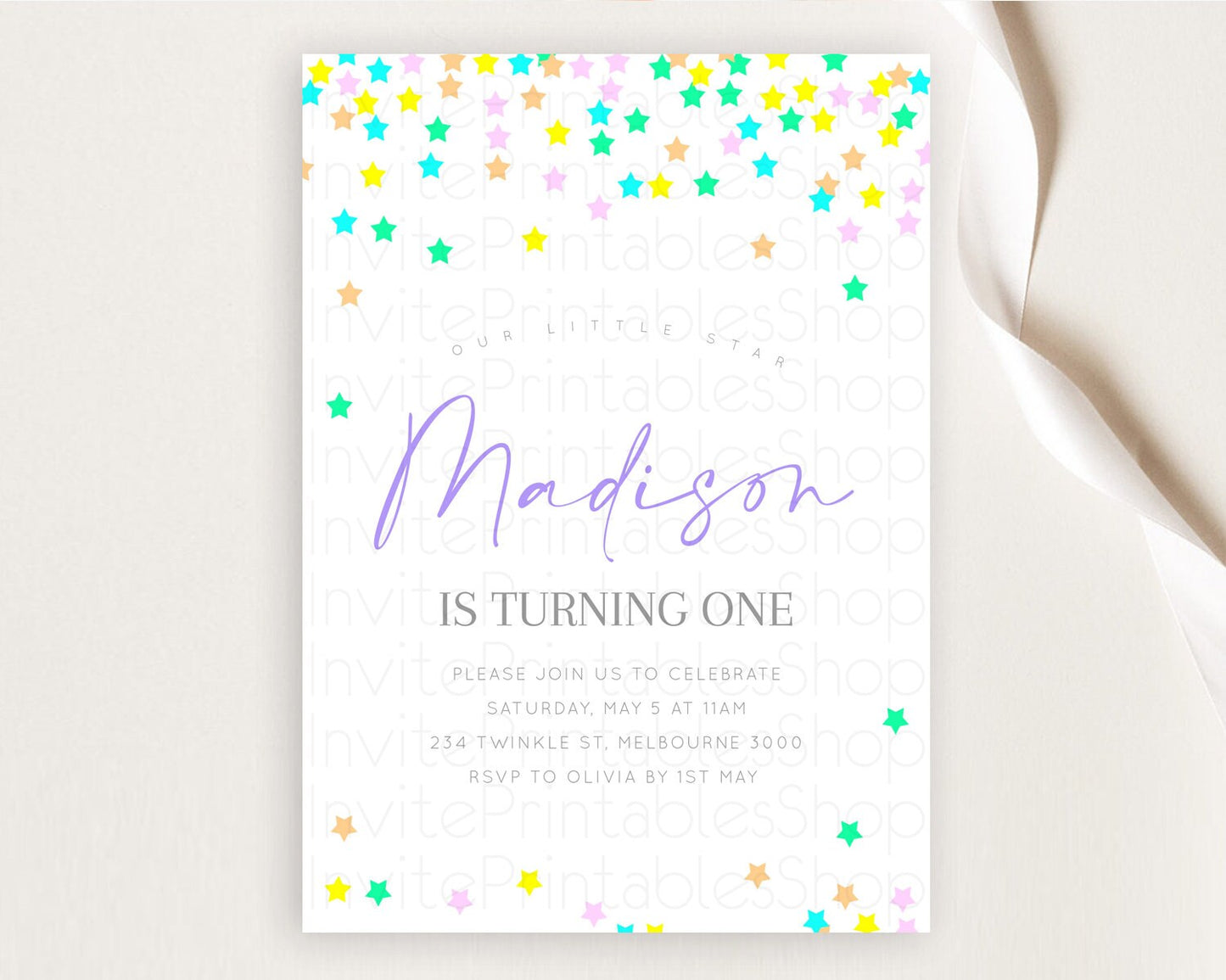 Star Birthday Invitation Pastel Stars Invite Shooting Star Party Rainbow Colorful Confetti Twinkle Little Star 2nd First Birthday D10395