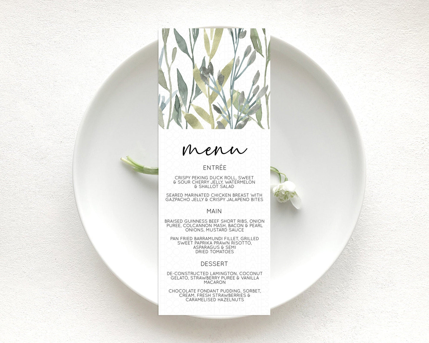 Leafy Menu Green Leaf Menu Template Eucalyptus Fern Leaves Decor Watercolor Boho Garden Leaf Branch Dinner Dessert Party Food Menu D11060