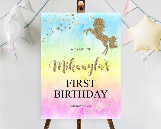 Unicorn Rainbow Birthday Welcome Board Pastel Unicorn Welcome Sign Magical Ombre Colorful Watercolor First Birthday Welcome Sign D10499