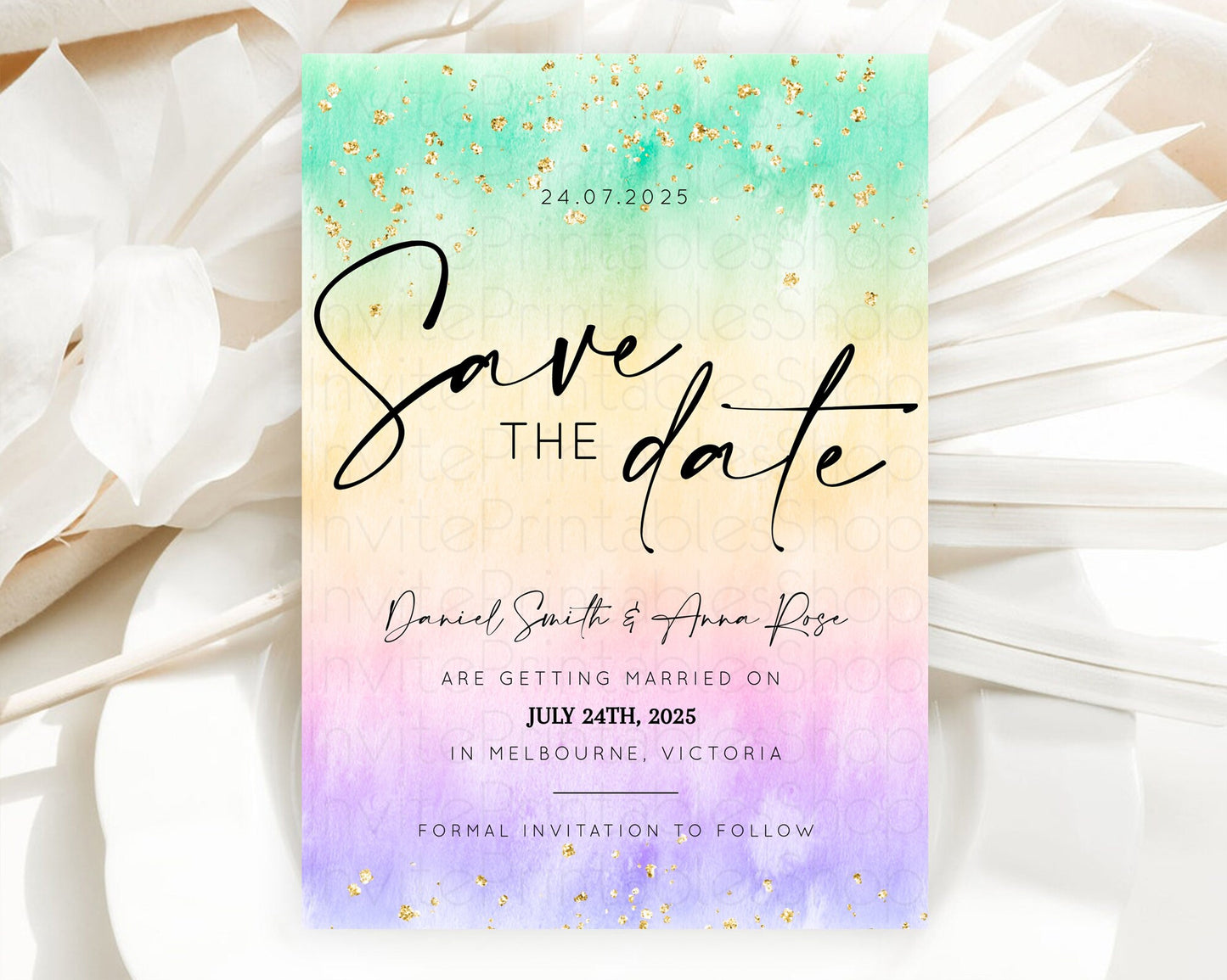 Pastel Save The Date Template Pastel Ombre Rainbow Watercolor Colorful Party For Birthday Baptism Baby Shower Wedding Bridal Shower D10481