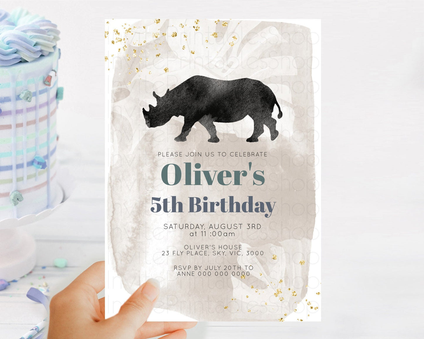 Rhino Birthday Invitation Rhino Invitation Rhino Birthday Rhino Safari Adventure Invite Rhino Palm Leaf Invite Zoo Party D10336