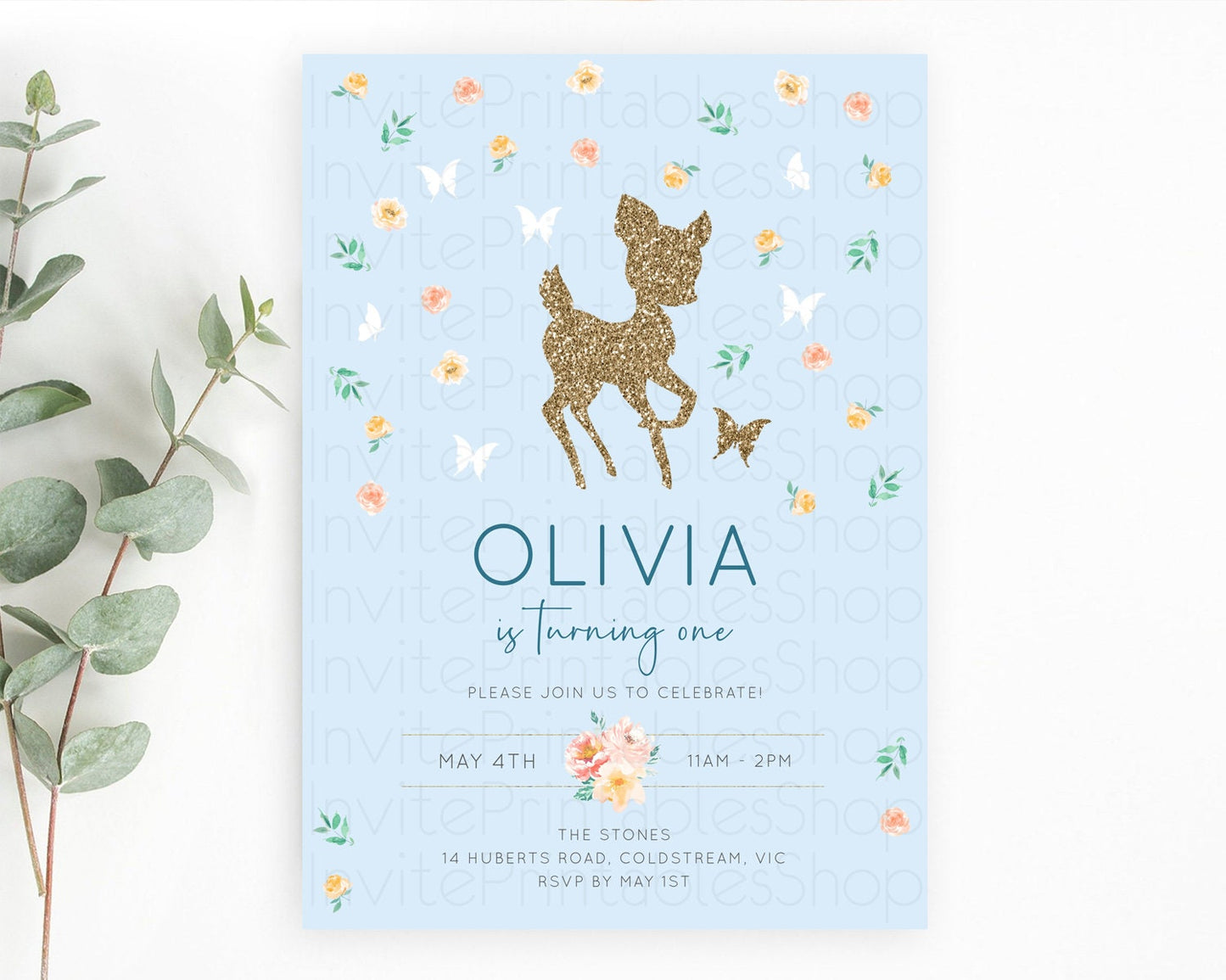 Fawn Birthday Invitation Deer Birthday Invitation Enchanted Forest Party Butterfly Pastel Flowers Whimsical 2nd 1st First Birthday D10902