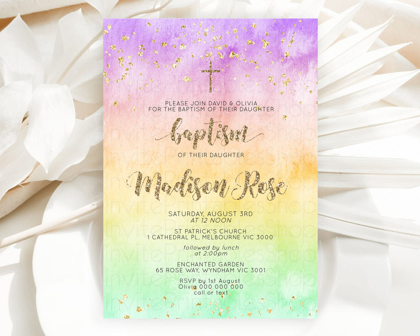 Pastel Baptism Invitation Pastel Colors Watercolor Baptism 1st Birthday Party Gold Ombre Pastel Rainbow Christening Holy Communion D10512