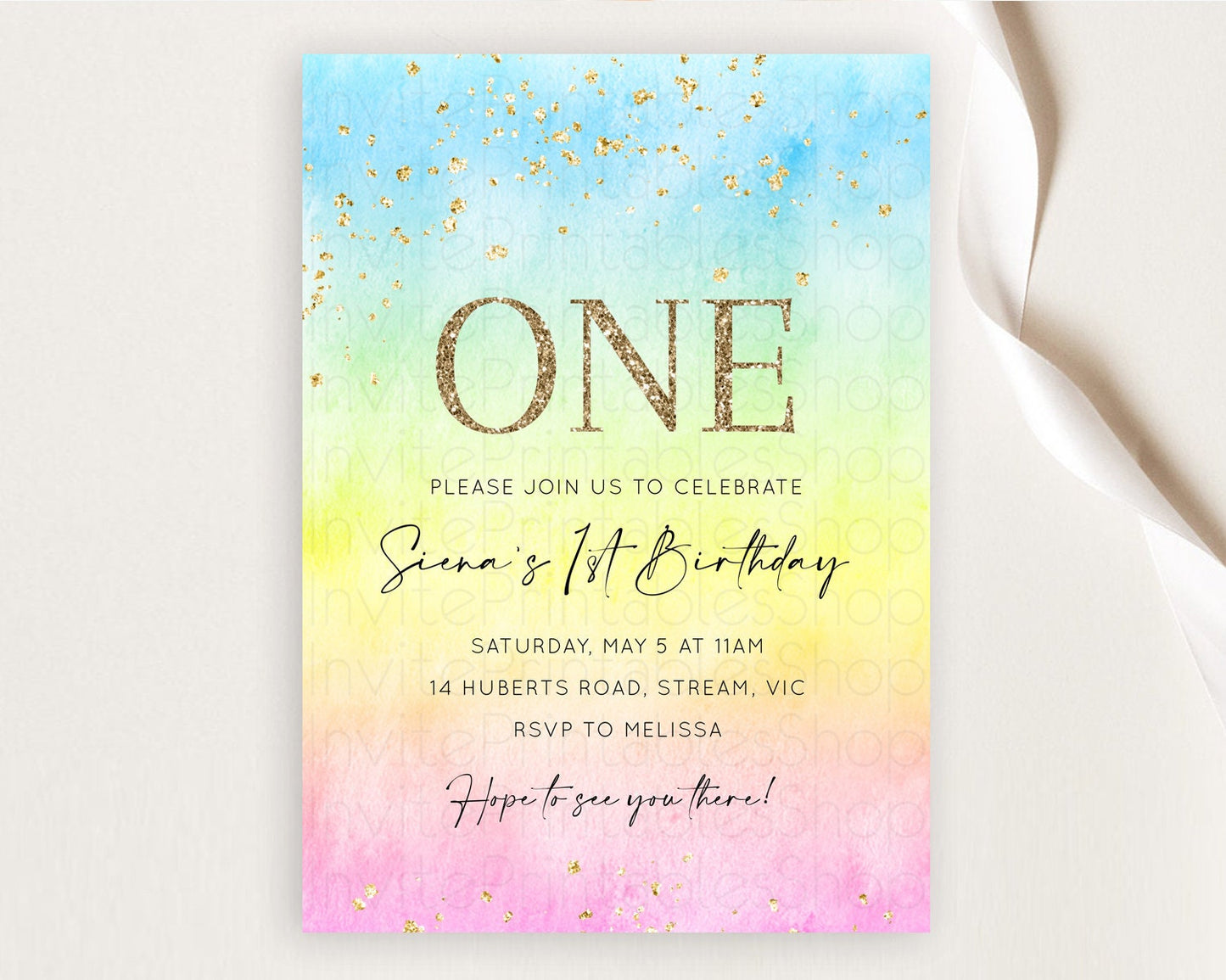 Rainbow Birthday Invitation Colorful Pastel Watercolor Invitation Gold Glitter Sprinkles Ombre Pastel 1st 2nd 3rd Birthday D10483