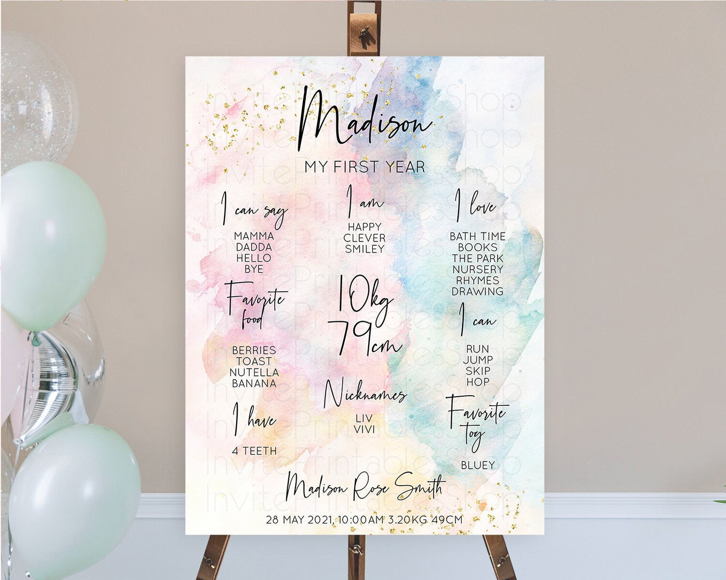 Pastel First Birthday Milestone Board Pastel Rainbow Milestone Poster Colorful Confetti Watercolor Glitter 1st Birthday Welcome Sign D10276