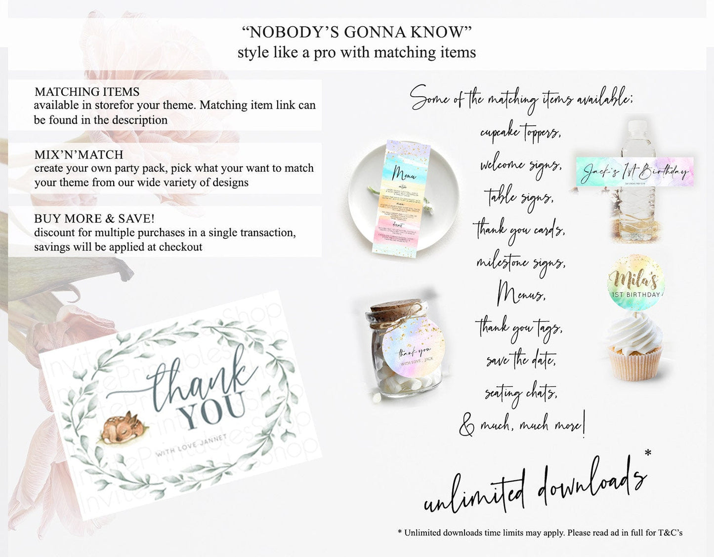 Fawn Thank You Deer Thank You Card Pastel Floral Deer Birthday Thank You Card Enchanted Forest Butterfly Deer Teacher Thank You Card D10935