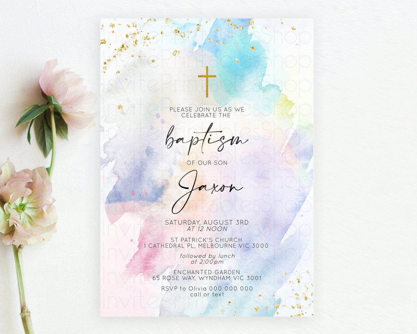 Pastel Baptism Invitation Pastel Colors Watercolor Baptism 1st Birthday Party Gold Ombre Pastel Rainbow Christening Holy Communion D10420