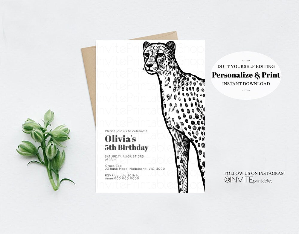 Cheetah Birthday Invitation Cheetah Invite Jungle Safari invite Watercolor Tropical Palm Invite Adventure Zoo Party Wild Animal Party