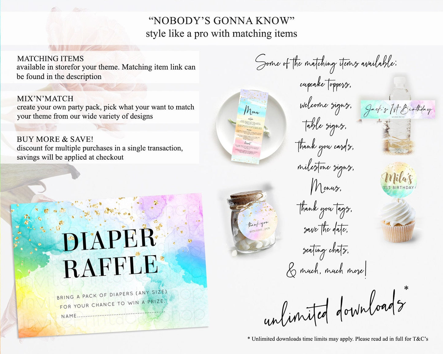 Pastel Diaper Raffle Card Pastel Rainbow Diaper Raffle Insert Colorful Ombre Watercolor Diaper Ticket Confetti Glitter Raffle Game D10961