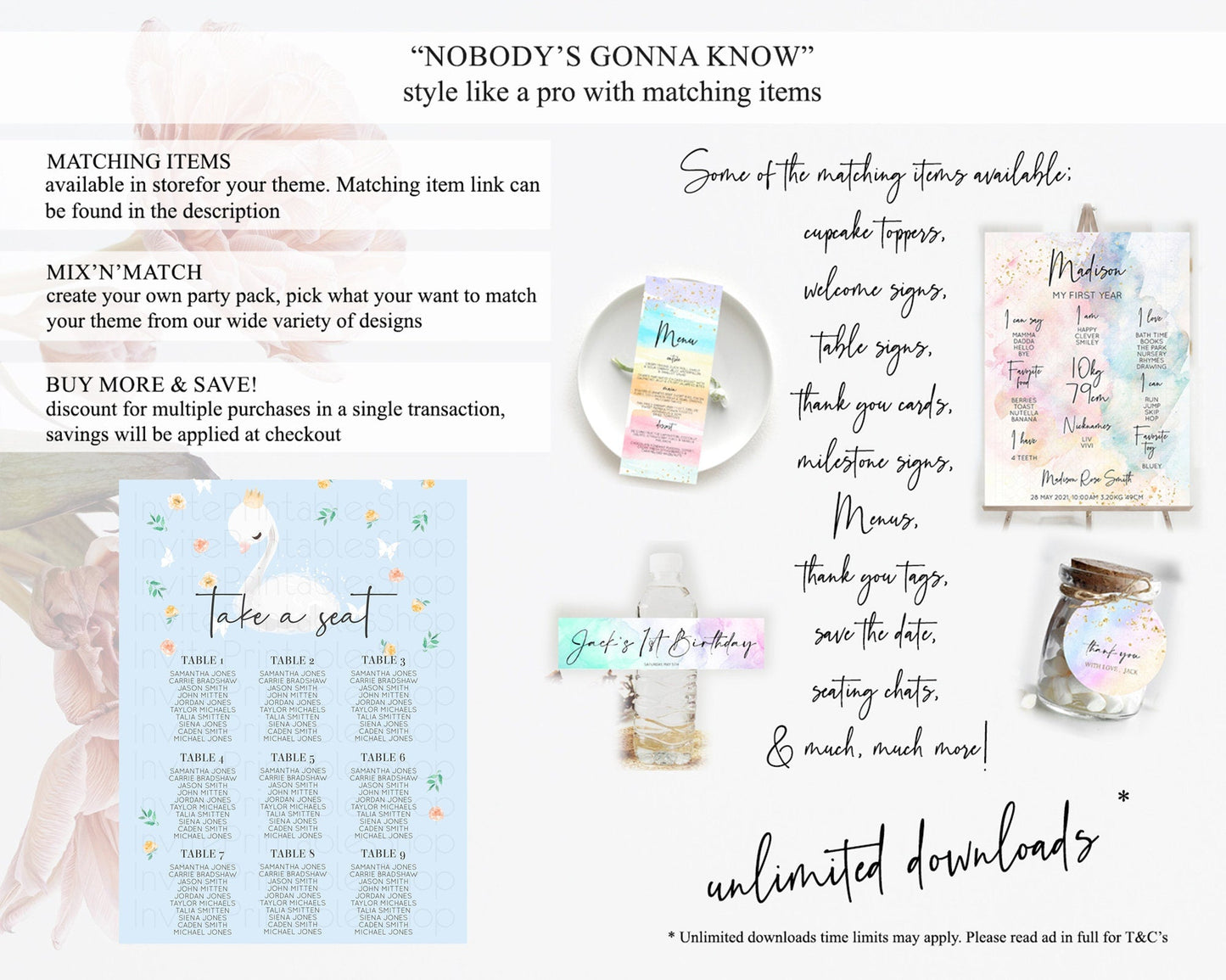 Swan Seating Chart Swan Princess Ballet Seating Sign Watercolour Pastel Floral Enchanted Forest Swan Lake Party Decor Secret Garden D10903