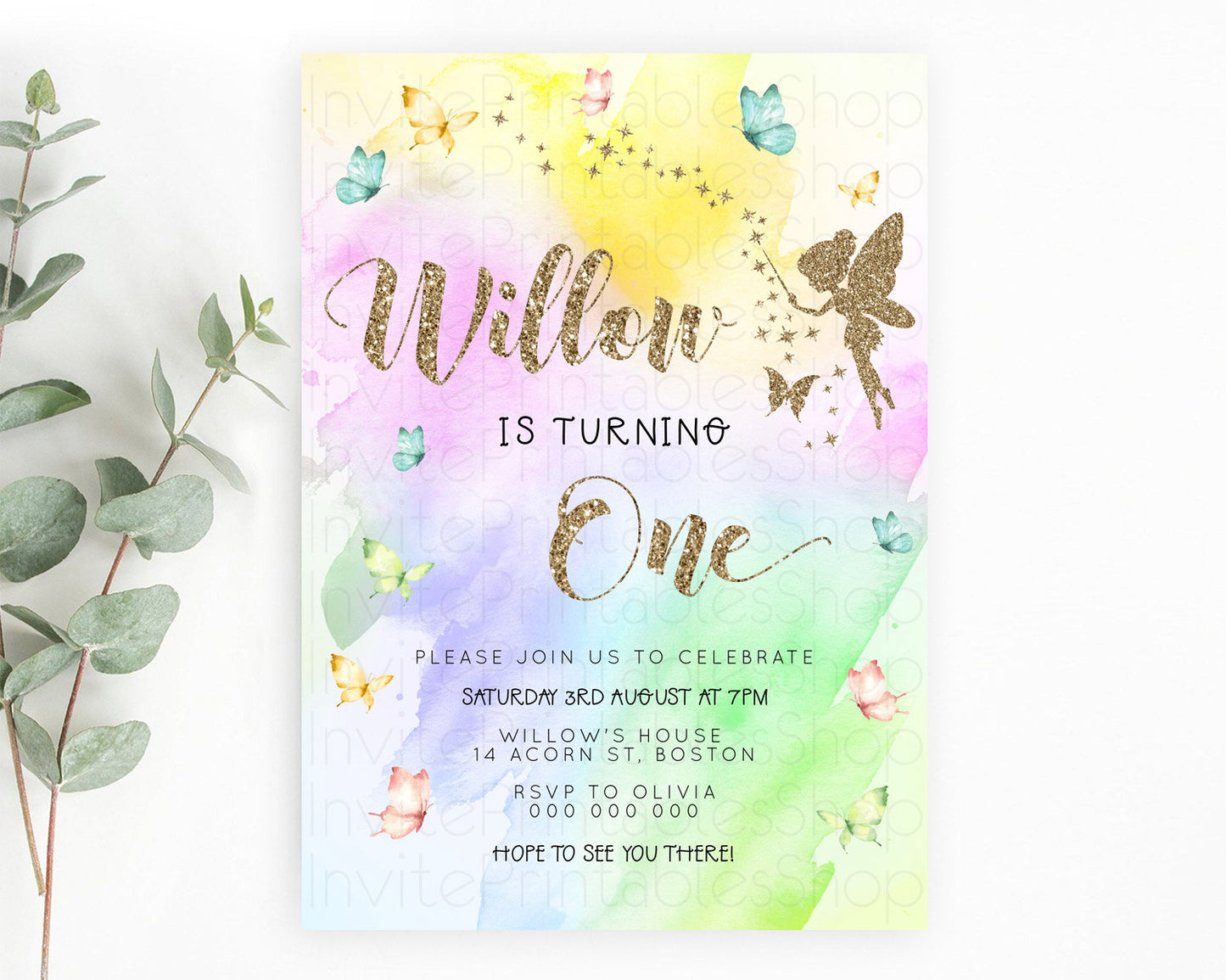 Pastel Fairy Birthday Invitation Pastel Butterflies Fairy Birthday Invitation Rainbow Ombre Watercolor 1st 2nd Birthday Invitation D23352