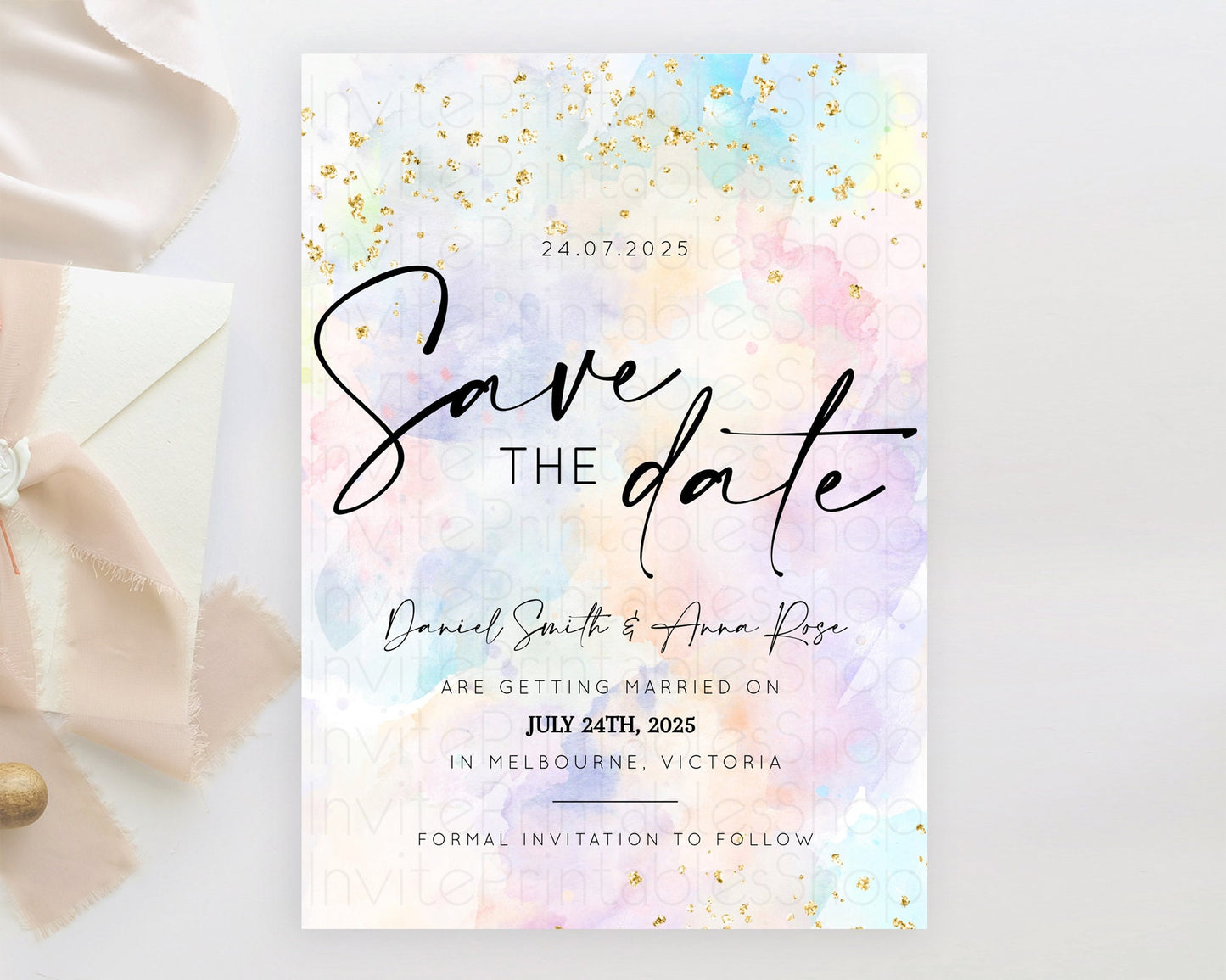 Pastel Save The Date Template Pastel Ombre Rainbow Watercolor Colorful Party For Birthday Baptism Baby Shower Wedding Bridal Shower D10605