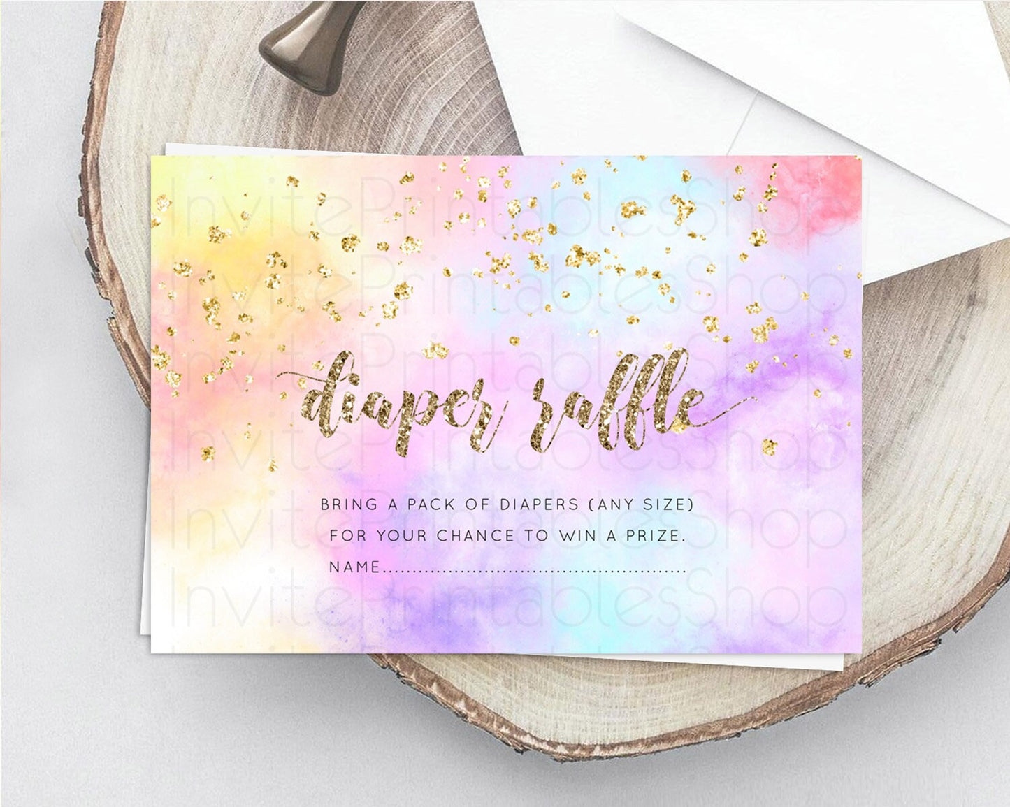 Pastel Diaper Raffle Card Pastel Rainbow Diaper Raffle Insert Colorful Ombre Watercolor Diaper Ticket Confetti Glitter Raffle Game D10435